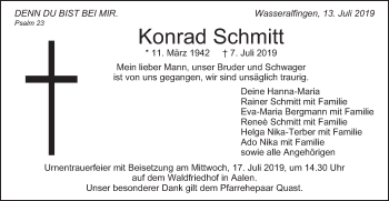 Traueranzeige von Konrad Schmitt von Schwäbische Post