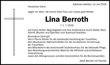 Traueranzeige von Lina Berroth von Schwäbische Post