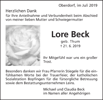 Traueranzeige von Lore Beck von Bopfinger Stadtanzeiger