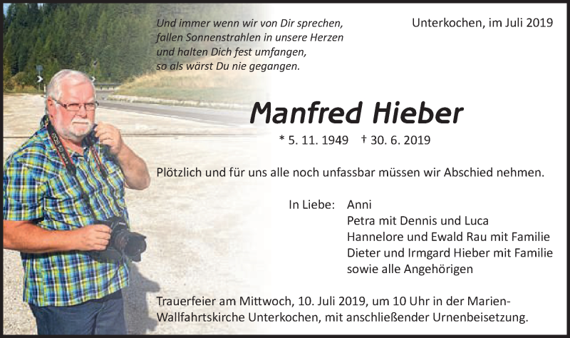  Traueranzeige für Manfred Hieber vom 08.07.2019 aus Schwäbische Post