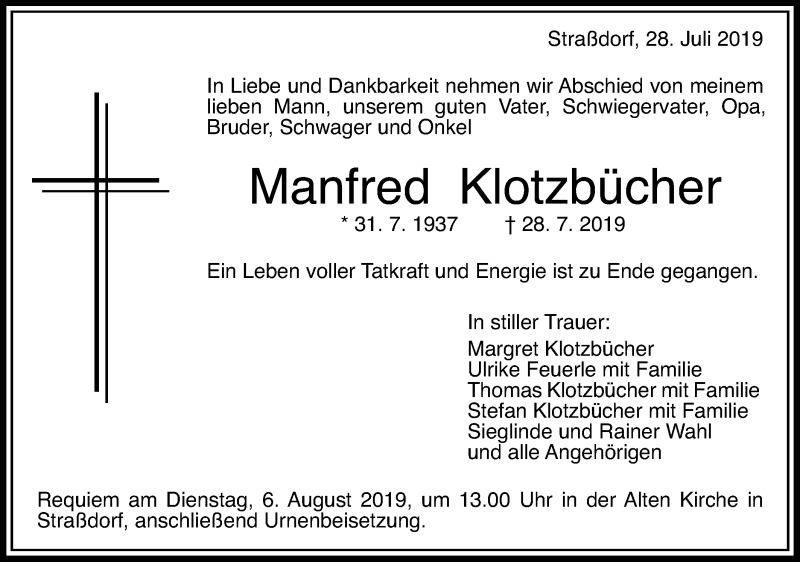  Traueranzeige für Manfred Klotzbücher vom 31.07.2019 aus Gmünder Tagespost
