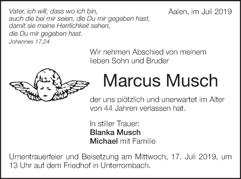  Traueranzeige für Marcus Musch vom 15.07.2019 aus Schwäbische Post