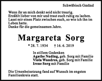 Traueranzeige von Margareta Sorg von Gmünder Tagespost