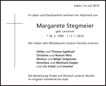 Traueranzeige von Margarete Stegmeier von Schwäbische Post