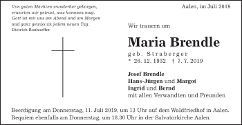 Traueranzeige von Maria Brendle von Schwäbische Post