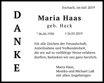 Traueranzeige von Maria Haas von Schwäbische Post