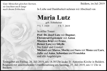 Traueranzeige von Maria Lutz von Schwäbische Post