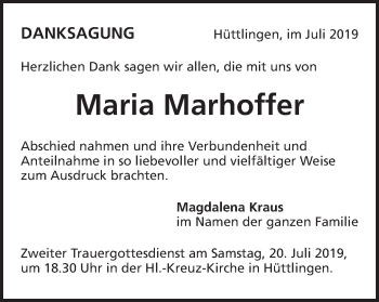 Traueranzeige von Maria Marhoffer von Schwäbische Post
