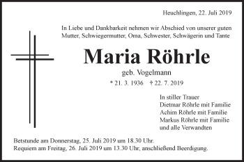 Traueranzeige von Maria Röhrle von Gmünder Tagespost