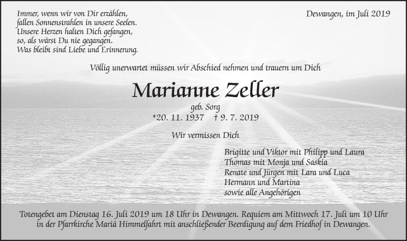  Traueranzeige für Marianne Zeller vom 13.07.2019 aus Schwäbische Post