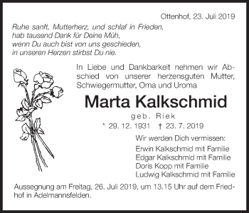 Traueranzeige von Marta Kalkschmid von Schwäbische Post