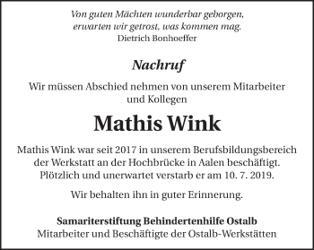Traueranzeige von Mathis Paul Wink von Schwäbische Post