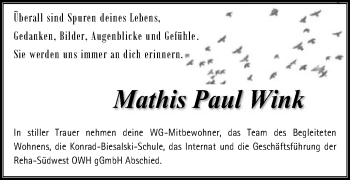 Traueranzeige von Mathis Paul Wink von Schwäbische Post