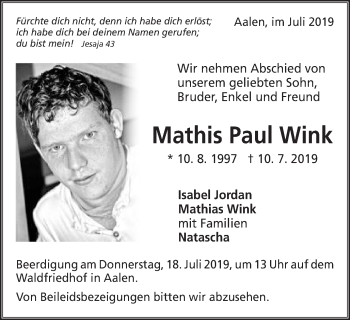 Traueranzeige von Mathis Paul Wink von Schwäbische Post
