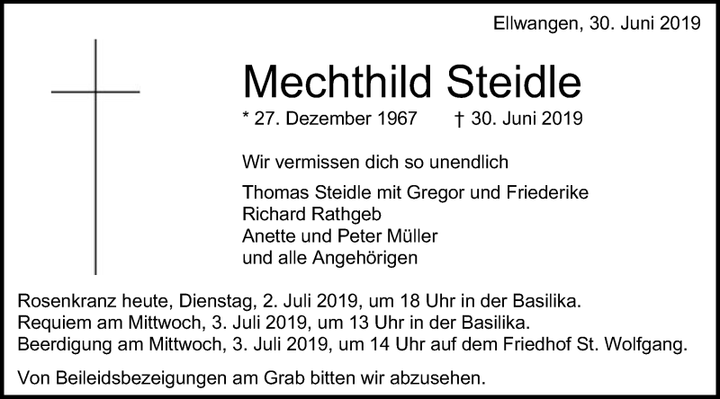  Traueranzeige für Mechthild Steidle vom 02.07.2019 aus Schwäbische Post