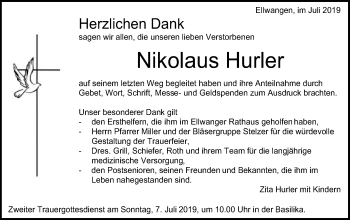 Traueranzeige von Nikolaus Hurler von Schwäbische Post