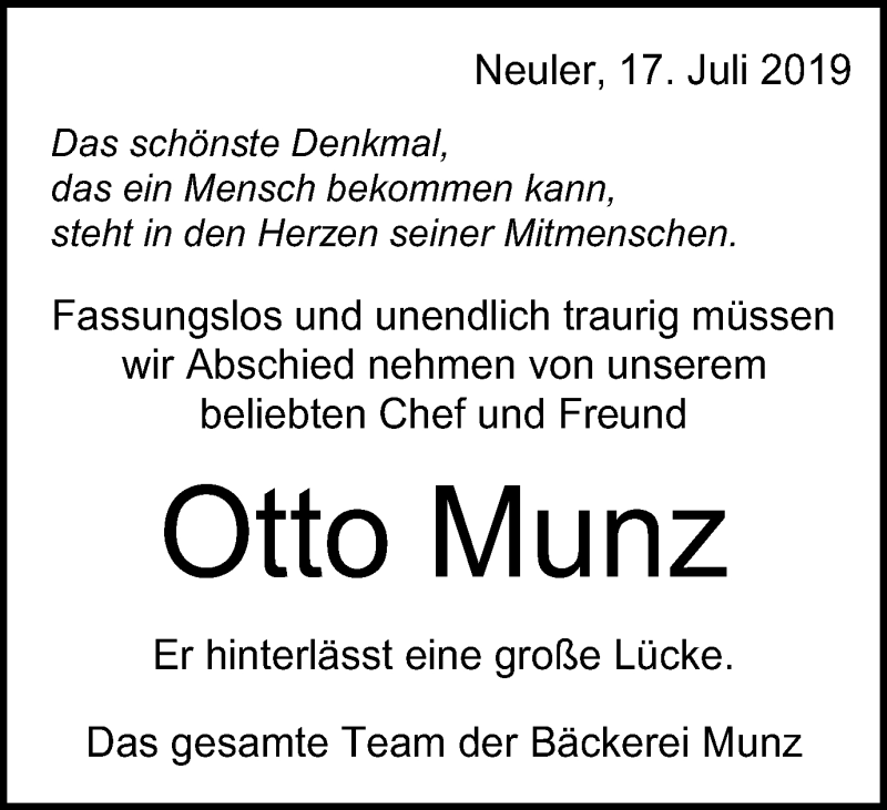  Traueranzeige für Otto Munz vom 22.07.2019 aus Schwäbische Post