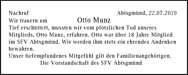  Traueranzeige für Otto Munz vom 22.07.2019 aus Schwäbische Post