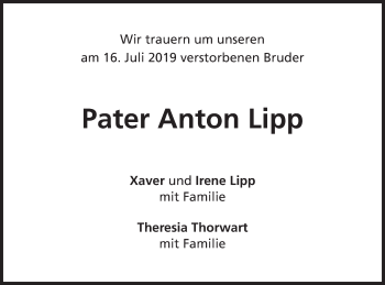 Traueranzeige von Pater Anton Lipp von Schwäbische Post