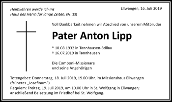 Traueranzeige von Pater Anton Lipp von Schwäbische Post
