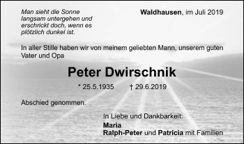 Traueranzeige von Peter Dwirschnik von Gmünder Tagespost