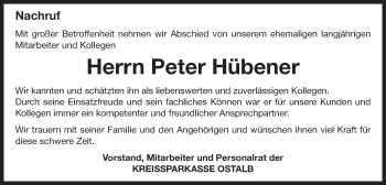 Traueranzeige von Peter Hübener von Schwäbische Post