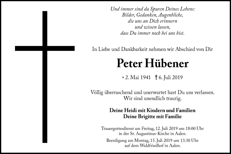  Traueranzeige für Peter Hübener vom 11.07.2019 aus Schwäbische Post