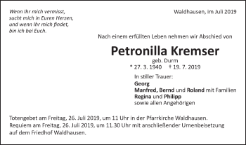 Traueranzeige von Petronilla Kremser von Schwäbische Post