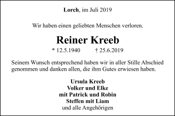 Traueranzeige von Reiner Kreeb von Gmünder Tagespost