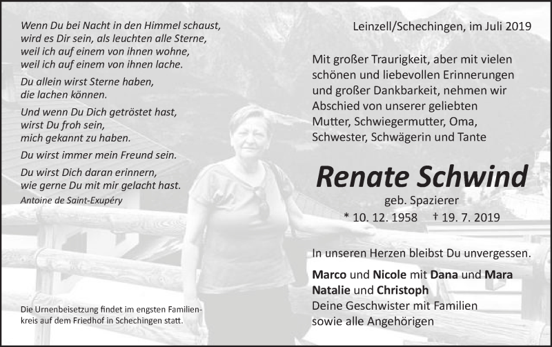 Traueranzeige für Renate Maria Schwind vom 23.07.2019 aus Gmünder Tagespost
