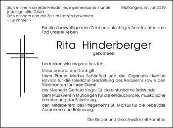 Traueranzeige von Rita Hinderberger von Gmünder Tagespost