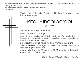 Traueranzeige von Rita Hinderberger