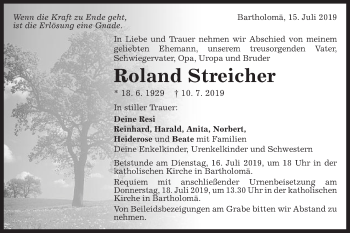 Traueranzeige von Roland Streicher von Gmünder Tagespost