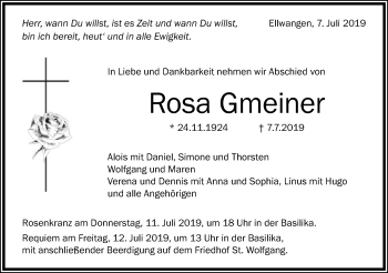 Traueranzeige von Rosa Gmeiner von Schwäbische Post
