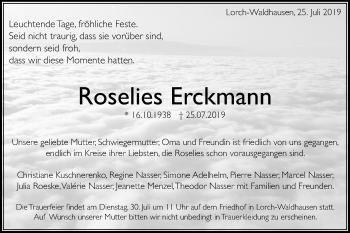 Traueranzeige von Roselies Erckmann von Gmünder Tagespost
