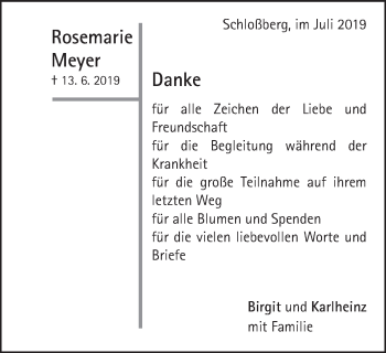 Traueranzeige von Rosemarie Meyer von Bopfinger Stadtanzeiger