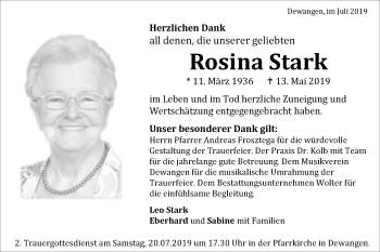 Traueranzeige von Rosina Stark von Schwäbische Post
