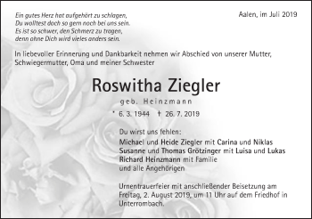 Traueranzeige von Roswitha Ziegler von Schwäbische Post