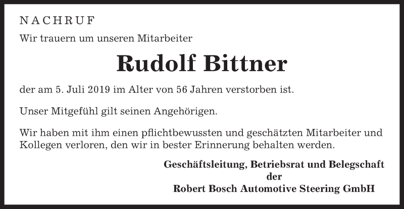  Traueranzeige für Rudolf Bittner vom 12.07.2019 aus Gmünder Tagespost
