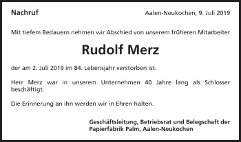 Traueranzeige von Rudolf Merz von Schwäbische Post