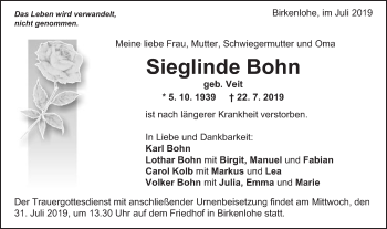 Traueranzeige von Sieglinde Bohn von Gmünder Tagespost