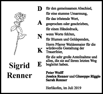 Traueranzeige von Sigrid Renner von Gmünder Tagespost