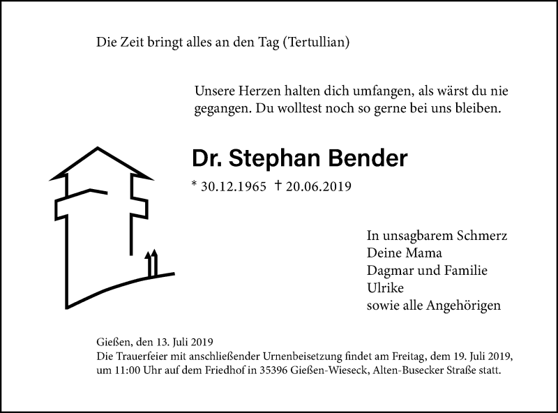  Traueranzeige für Stephan Bender vom 13.07.2019 aus Schwäbische Post