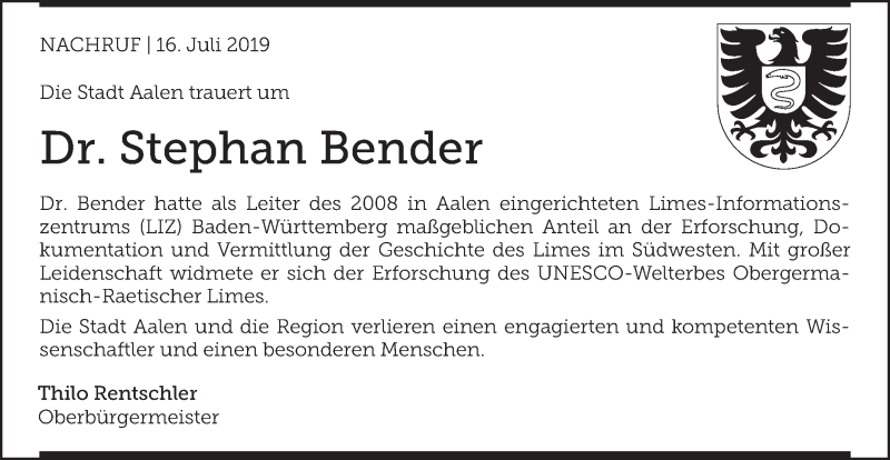  Traueranzeige für Stephan Bender vom 16.07.2019 aus Schwäbische Post