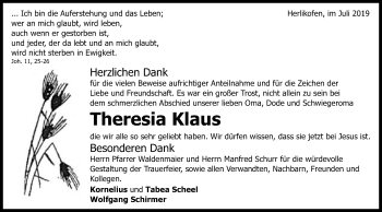 Traueranzeige von Theresia Klaus von Gmünder Tagespost