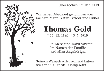 Traueranzeige von Thomas Gold von Amtsblatt_Oko