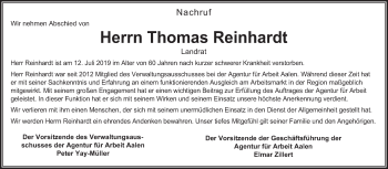 Traueranzeige von Thomas Reinhardt von Schwäbische Post