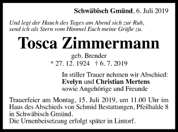 Traueranzeige von Tosca Zimmermann von Gmünder Tagespost