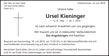 Traueranzeige von Ursel Kieninger von Schwäbische Post