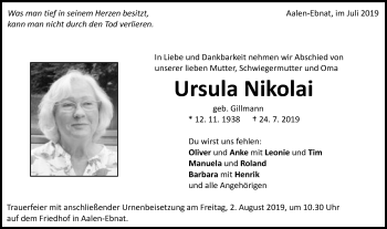 Traueranzeige von Ursula Nikolai von Schwäbische Post